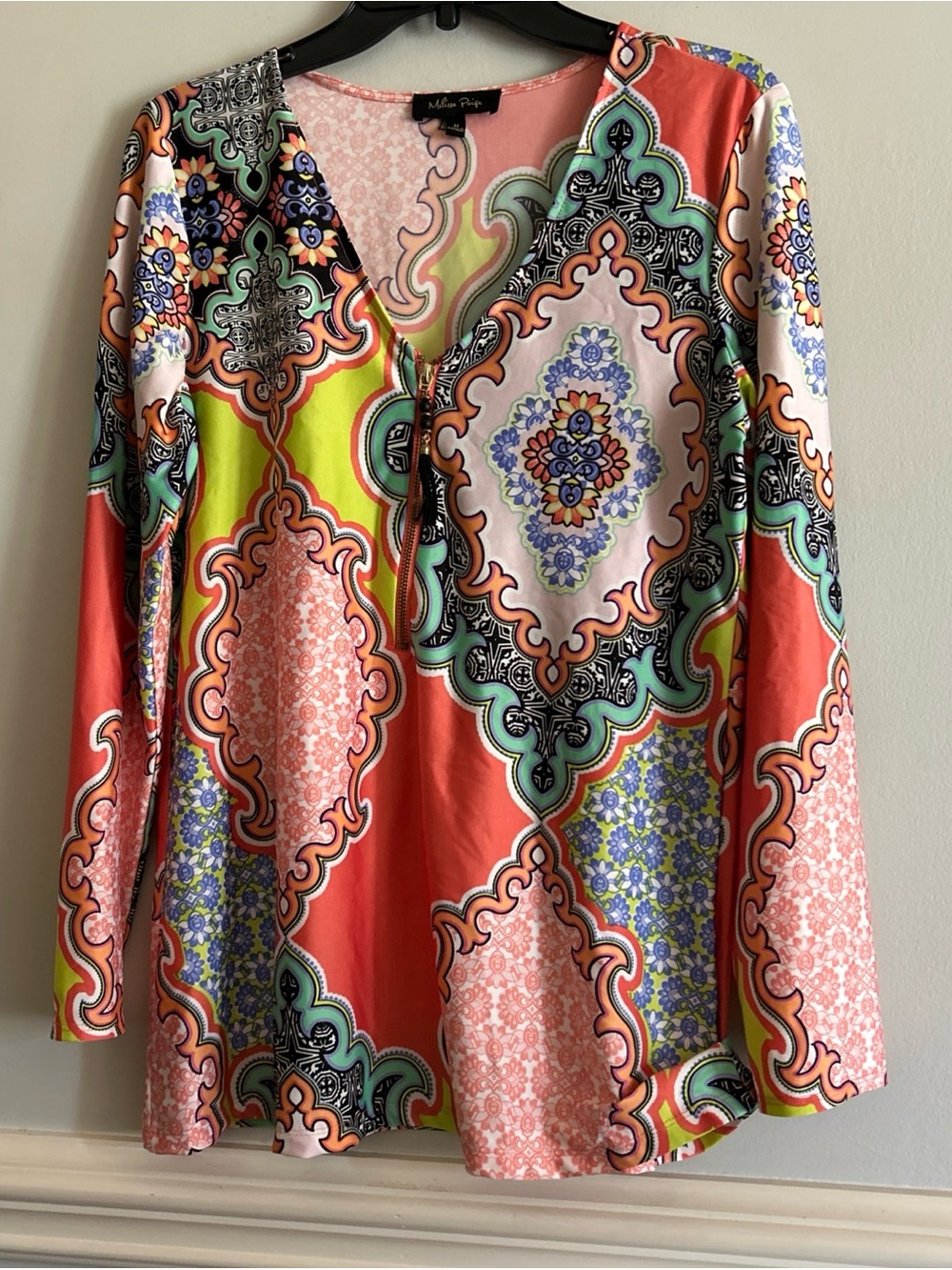 Melissa Paige Coral Multicolor Long Sleeve V-Neck Print Top